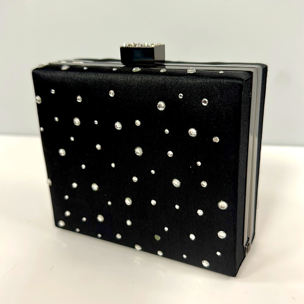 Black satin & rhinestone boxy clutch mini purse
